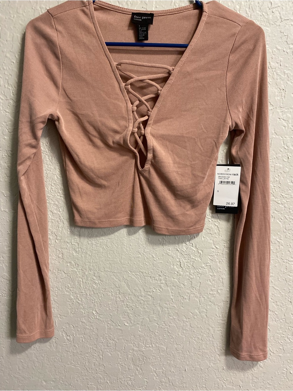 free press Rose Mauve Lace-Up V-Neck Long Sleeve Crop Top